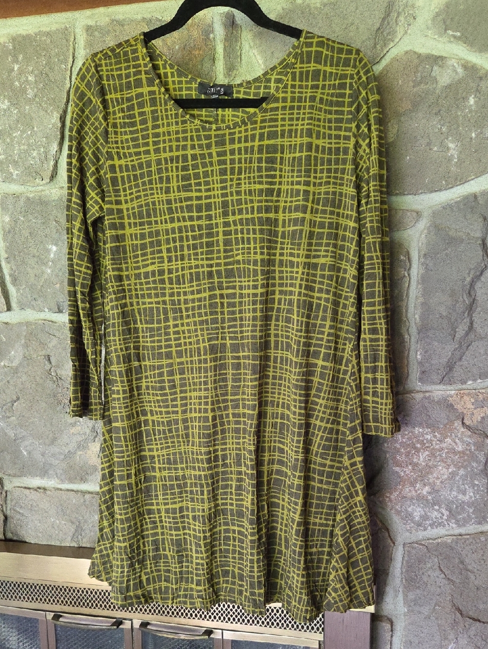 Comfy USA Olive Grid-Print Long Sleeve Dress